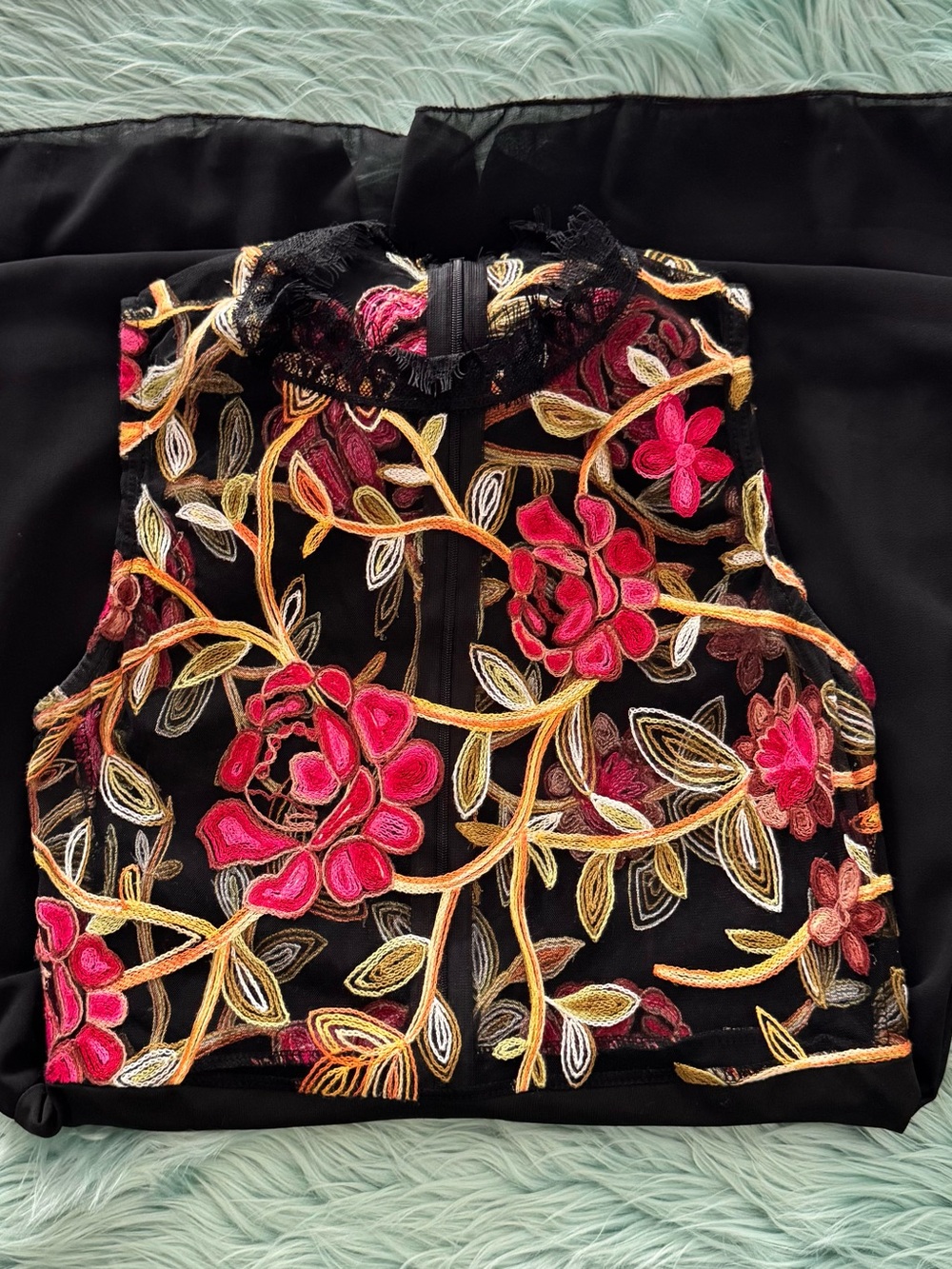 Embroidered Black Mesh Floral Sleeveless Fishtail Romper - Pink & Gold Detail